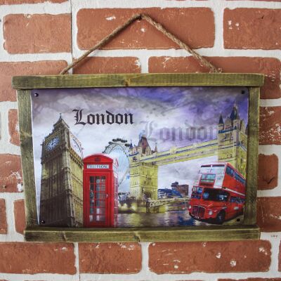 Rustik Ahşap Çerçeveli Vintage Metal Pano London 20x30 - 2