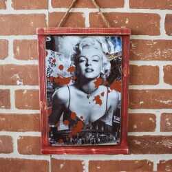 Rustik Ahşap Çerçeveli Vintage Metal Pano M. Monroe Red 20x30 - 2